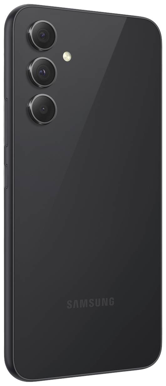 Smartphone with three camera lenses and flash on the back. Black casing with the 'Samsung' text.