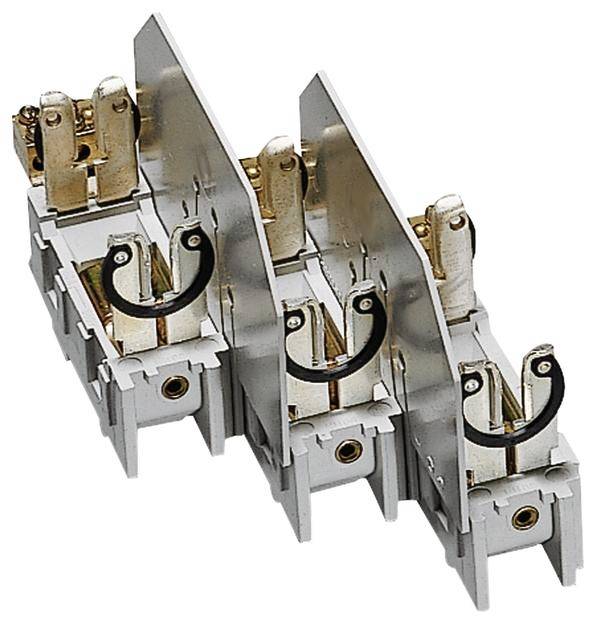 A three-slot electrical fuse holder, made of metal and plastic. It is used to hold fuses in electrical installations.