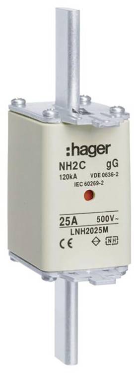 'Fuse with Mounting Bracket, 25A, 500V, by Hager. Suitable for Industrial Applications, with Safety and Compliance Markings.'