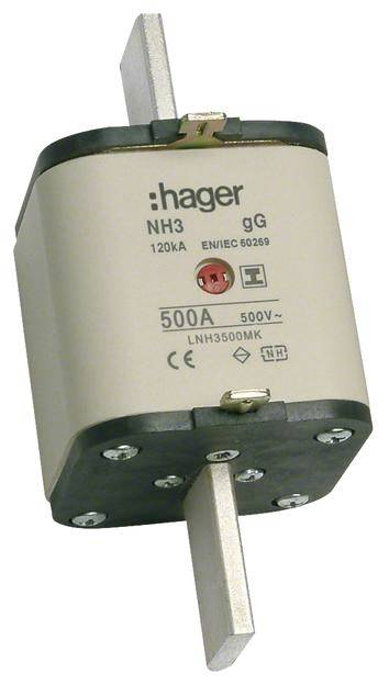 'NH3 gG HRC fuse by Hager, 120kA, 500A, 500V, compliant with EN/IEC 60269 standards, Model LNH3500MK.'