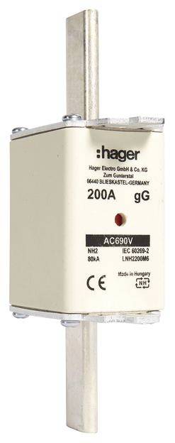 Fuse marked 'Hager 200A gG AC690V'. Rectangular shape with metal contacts. Manufactured in Hungary, CE-certified.
