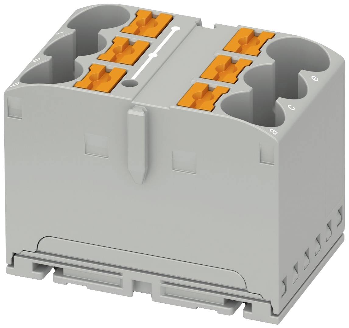 Grey electrical connector with six orange lever clamps, suitable for easy wire connection.