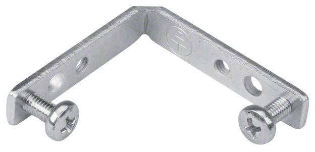 Metal angle bracket with three holes and two screws for fastening, used to connect materials at a right angle.