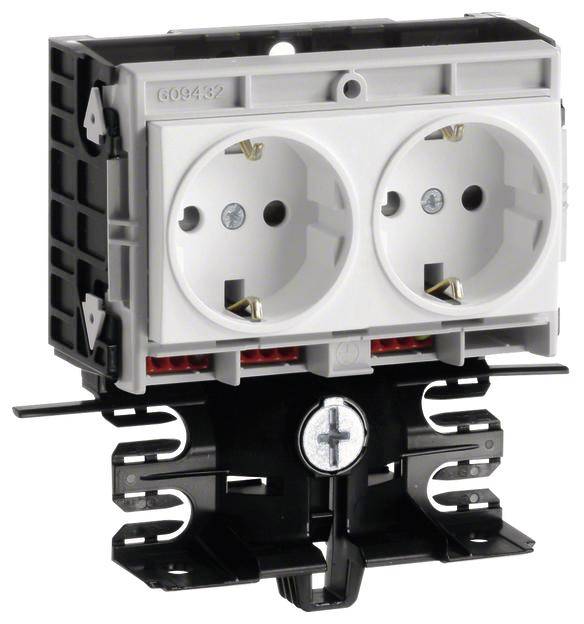 A black, double socket with a white frame and visible screw fixings for the electrical installation.