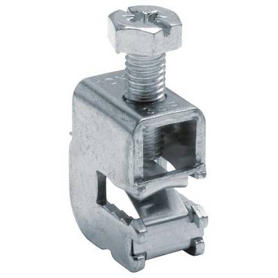 Metal clip with screw fastening for secure fixing of cables or wires.