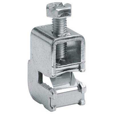 Metal cable or pipe clamp with fixing screw, suitable for industrial applications.