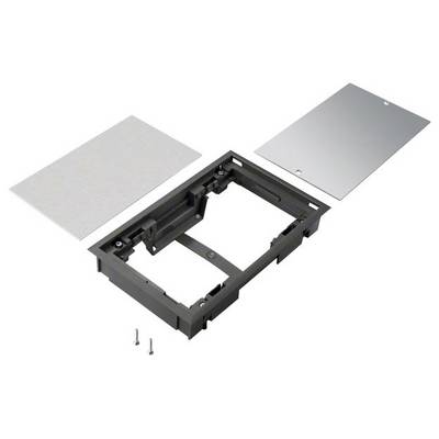 Figure of a rectangular metal frame with a removable cover and two screws. Frame in the centre, cover in the top right.