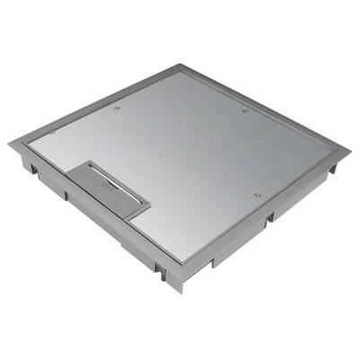 A square, shallow metal frame with a recessed plate and a small rectangular compartment on the side, set against a grey background.
