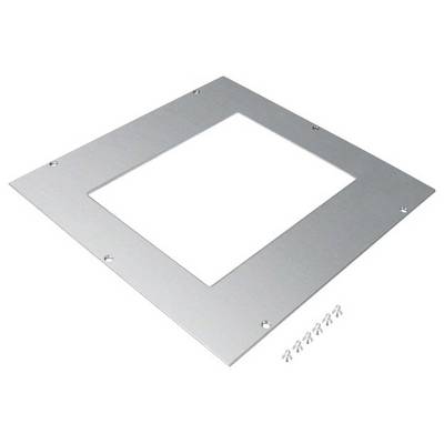 A silver metal plate with a rectangular cut-out in the centre, surrounded by screw holes, with six loose screws beside it.