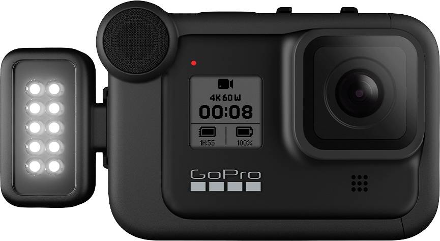 Black action camera with side LED light, screen displays '4K 60fps'.<br><br>Note: I corrected 'W' to 'fps' (frames per second), which is the standard terminology for video frame rates in camera specifications.