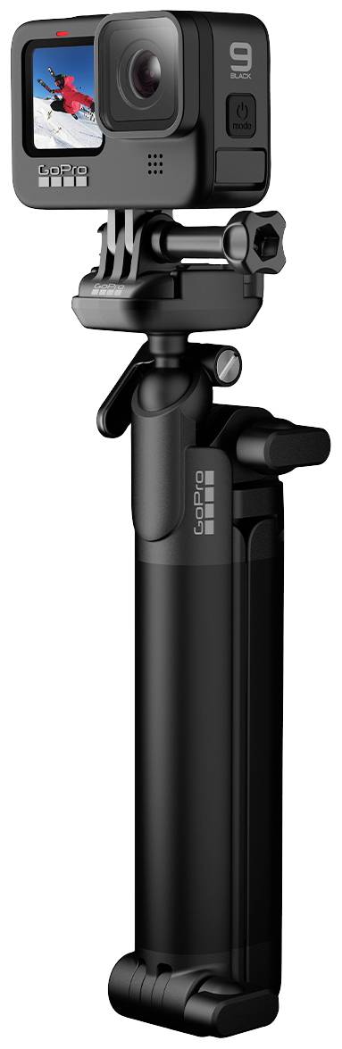 A GoPro camera mounted on a black handgrip. The display shows a recording of a skier in motion.