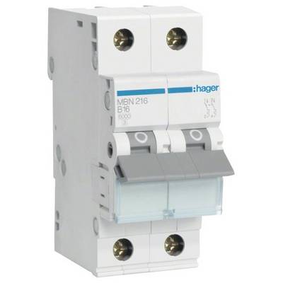 A grey circuit breaker with the inscription 'Hager MBN 216 B16 6000'. The switch has two activated levers.
