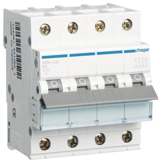 'A Hager performance circuit breaker MBN 406 with four switches, CE marking visible, for electrical safety and overload protection.'
