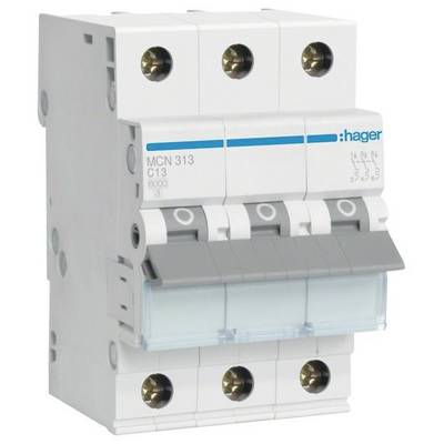 A three-pole circuit breaker by Hager, model 'MCN 313 C13', suitable for electrical installation systems.