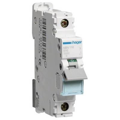 Single-pole Hager circuit breaker NBN116, B16, 10kA, in side view. Used for overload and short-circuit protection in electrical circuits.