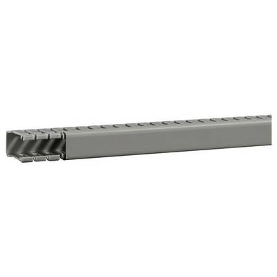 A grey cable trunking with open slots for cable management, revealing the interior with multiple cables. Suitable for office installations.