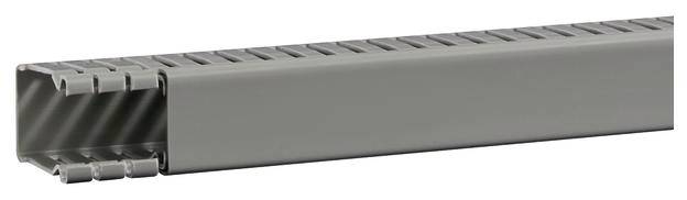 Grey cable trunking with open sides for easy access and organisation of cables in technical or office environments.