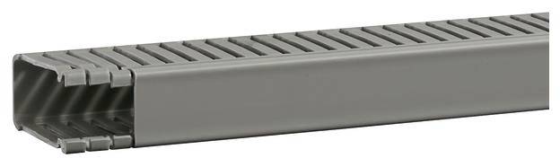 A grey cable trunking with side apertures, rectangular in shape, suitable for organised cable routing.