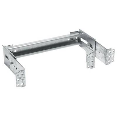 Metal angle connectors for stabilising construction, with two side pieces and central support beam, holes for screw mounting.