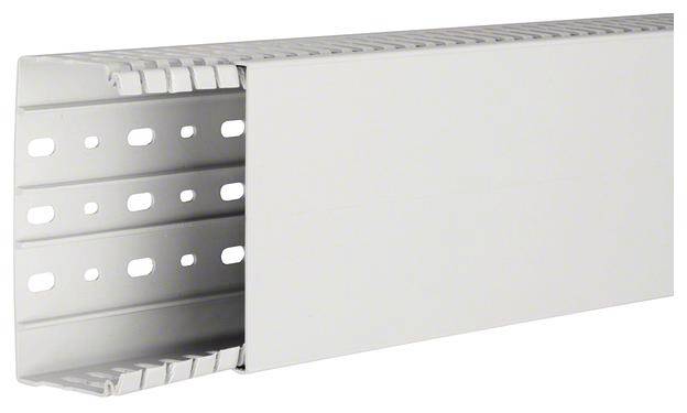 The plastic cable trunking with a removable lid features side ventilation holes and is designed for organised cable management.