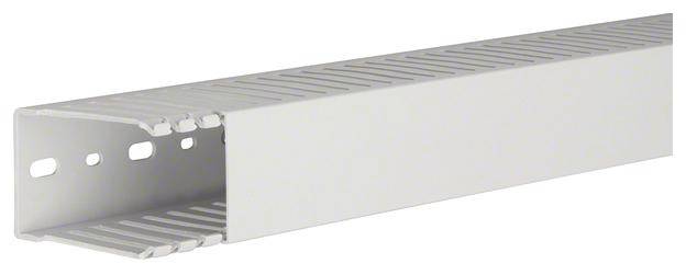 Grey plastic cable trunking with side slots for cable routing, rectangular in shape, suitable for neat cable installation.