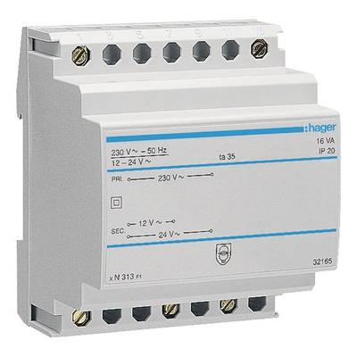 An electrical transformer by Hager with specifications for voltage and current. Key features: 230 V, 50 Hz, 16 VA, protection class IP 20.