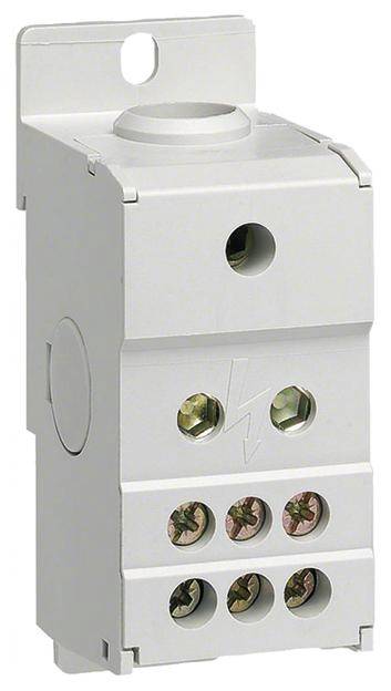 A grey electrical distribution block with multiple screw terminals and a lightning symbol, used for connecting electrical cables.
