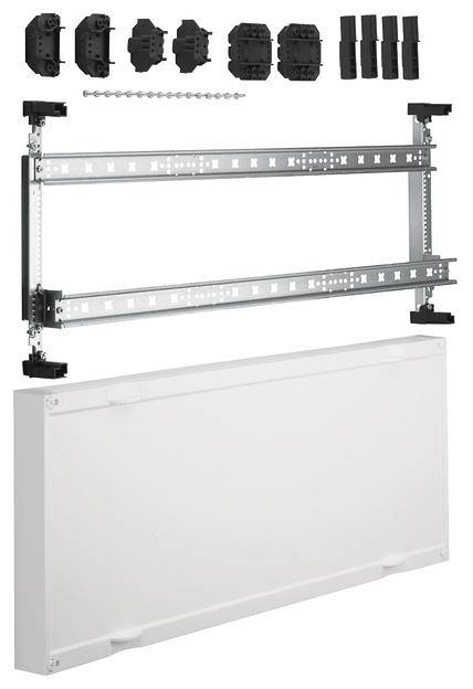 Components of an installation box: two metal struts, cover plate, mounting parts. For building or electrical installation.