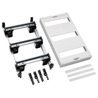 Kit for a surface-mounted distribution board with cable clamps, two mounting rails, and a white plastic cover.