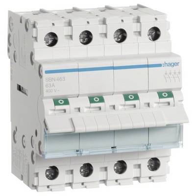 'A three-pole circuit breaker by Hager, suitable for 63A current and 400V voltage, pictured from the side.'