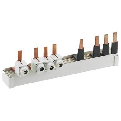 A busbar system with insulated copper connections and three functional modules, mounted in a white housing.