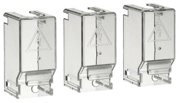 Three transparent covers with an electrical voltage warning symbol are arranged side by side.