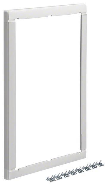 Rectangular white plastic frame with eight silver screws underneath. The frame is designed for mounting solutions.