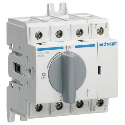 A grey Hager load break switch HAC410K with a rotary handle for circuit isolation, marked with 'ON' and 'OFF'.