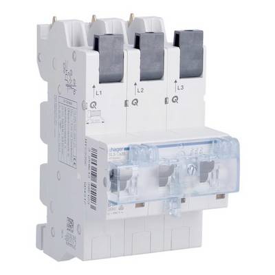 A three-pole circuit breaker with labels 'L1', 'L2', 'L3' and switching elements for the protection and control of electrical circuits.