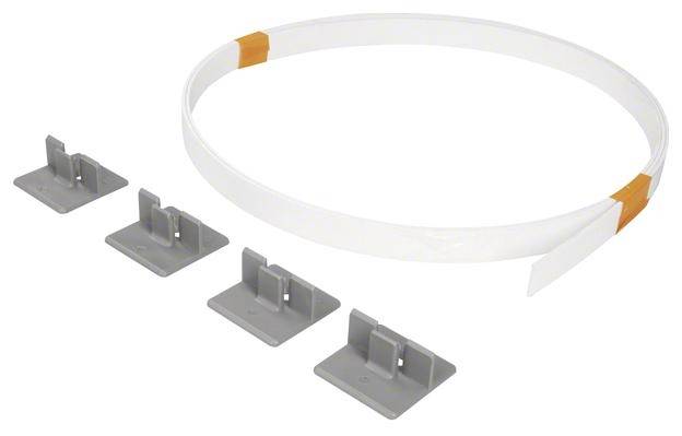 A white cable tie with orange markings, alongside four grey mounting clips. Used for cable management.