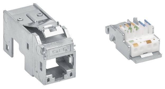 Two network connectors: on the left, a metal housing with an RJ45 socket, on the right, a plastic module with colour-coded cable connections.
