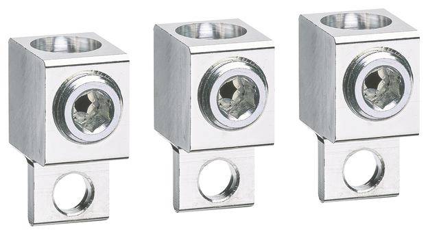 Three silver metal cable clips, each with two openings and a screw in the centre, against a white background.