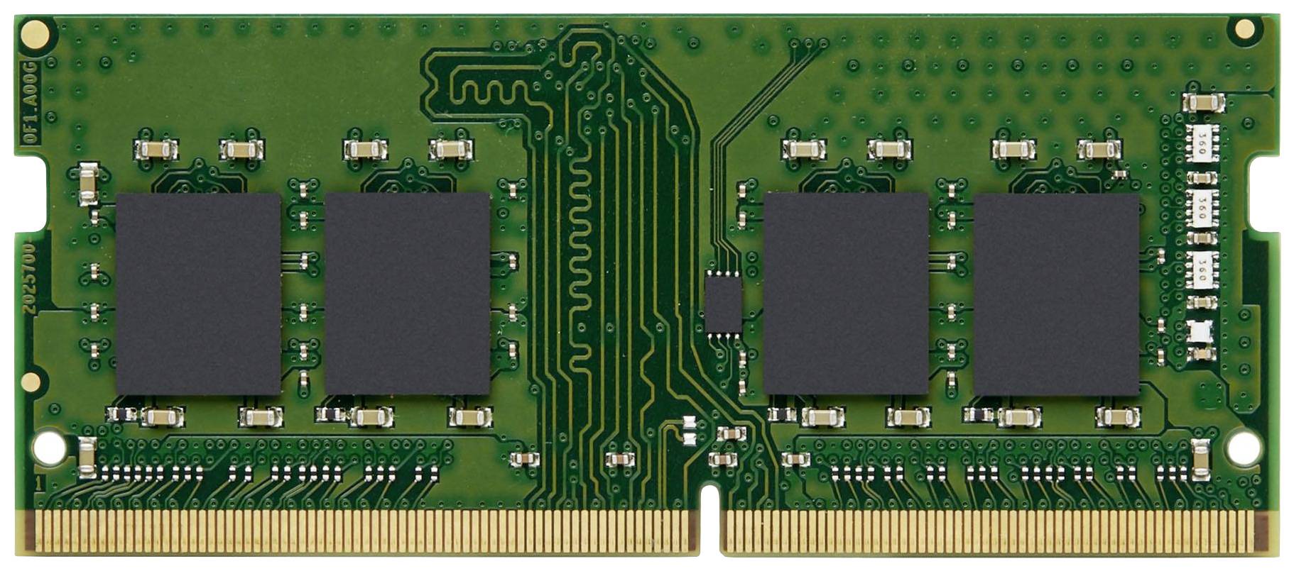 A green laptop RAM (random access memory) module with visible circuit boards and memory chips on the motherboard.