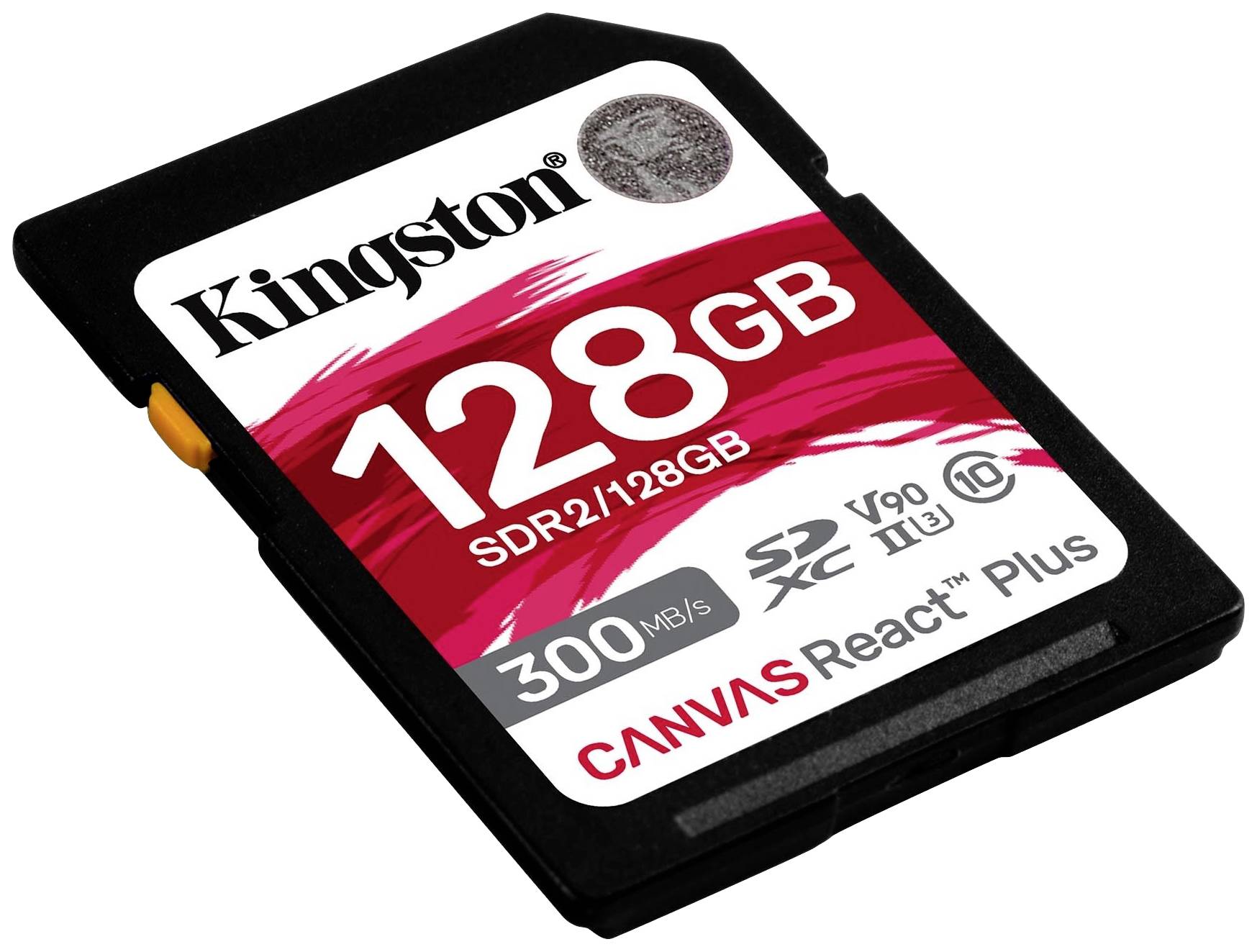 128GB SD Card, Brand 'Kingston', Model 'CANVAS React Plus', Speed 300MB/s, SDR2, V90, suitable for 4K videos.
