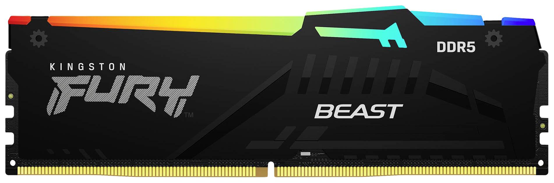A Kingston Fury Beast DDR5 RAM module with RGB lighting and black design. Suitable for gaming computers.