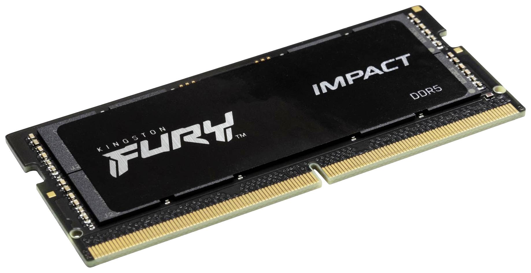 A black Kingston Fury Impact DDR5 RAM module, highlighted by its glossy print and golden contact strips.