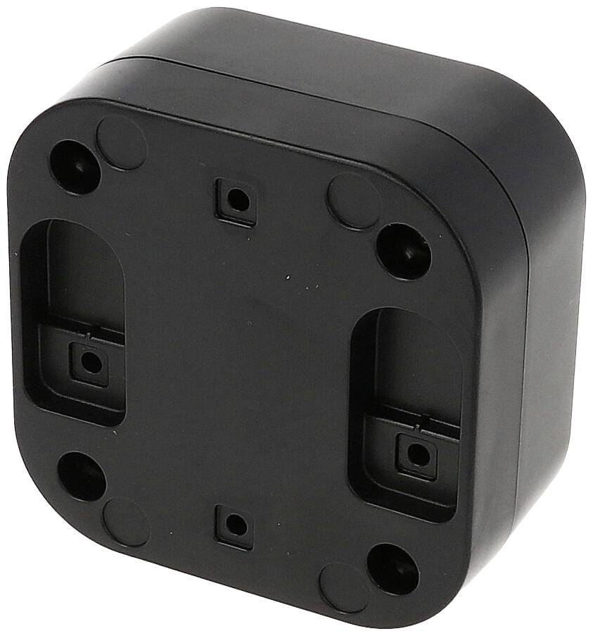 Black, square plastic housing with multiple mounting holes, potentially for wall-mounting electronic devices.