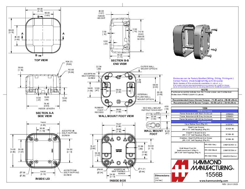 Technical drawing of a rectangular enclosure, showing various views and dimensional specifications. Manufacturer: Hammond Manufacturing, Model 1556B.