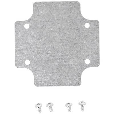 Metal plate with four rounded corners and four holes, indicated by four small screws beneath it.