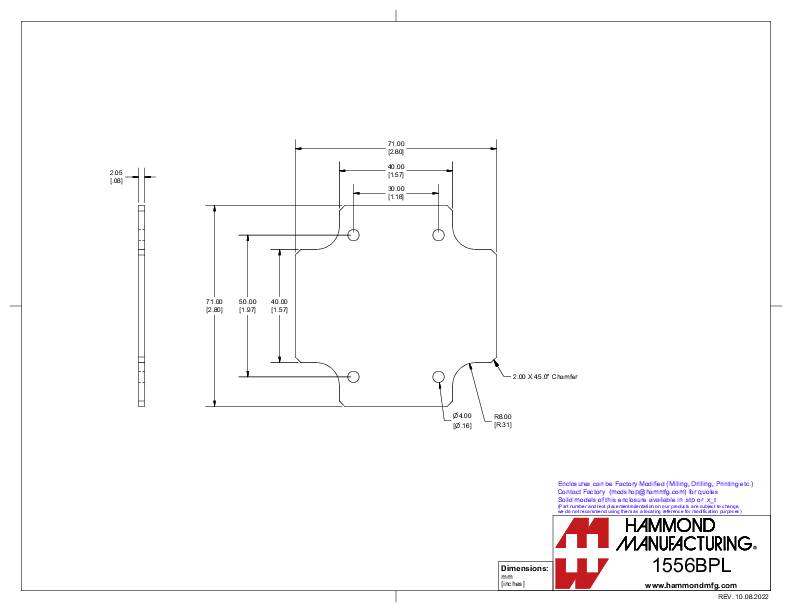 Technical Drawing of a Rectangular Metal Part with Specific Dimensions and Hole Positions in Millimetres and Inches.