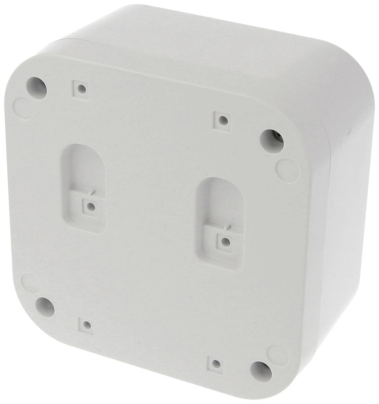 A rectangular, white plastic box with rounded corners. Mounting points are located on the rear side.