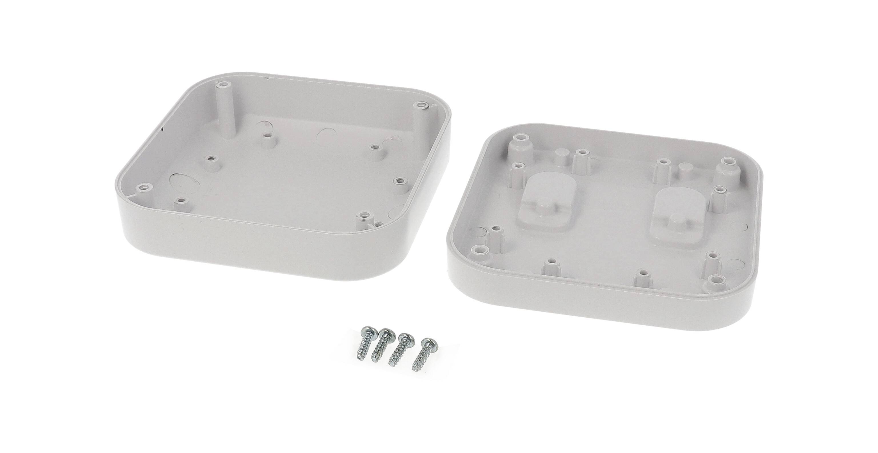 Two-part, grey enclosure shell with matching screw set, suitable for electronic projects.