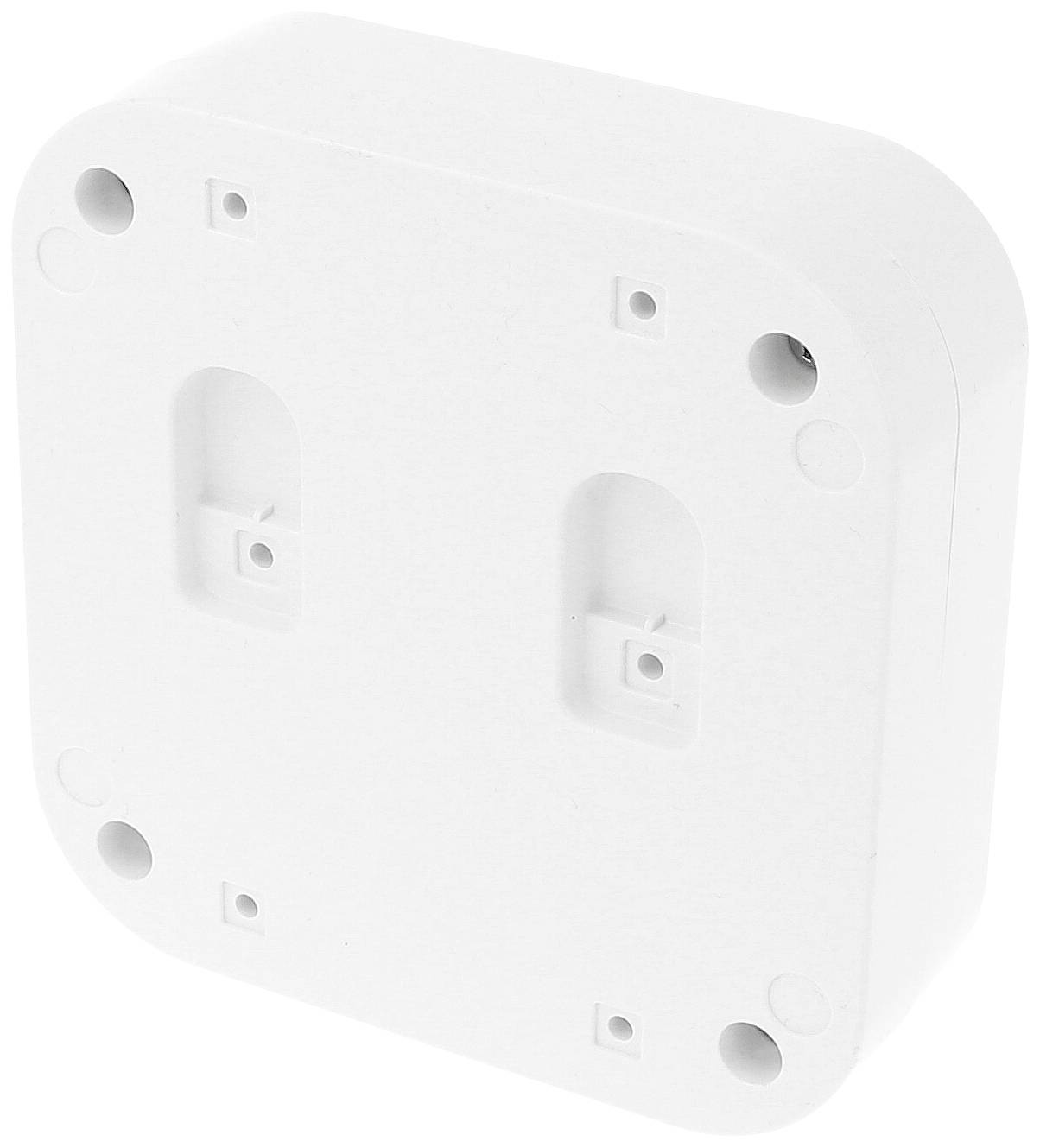 White, square wall mount with rounded corners and multiple mounting screw holes.