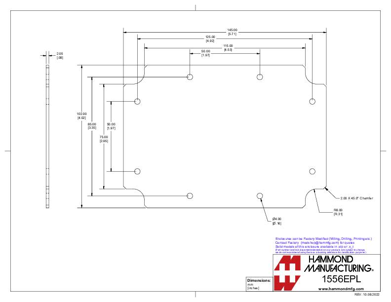 Technical drawing of a housing component with precise dimensions and drilling details from Hammond Manufacturing.